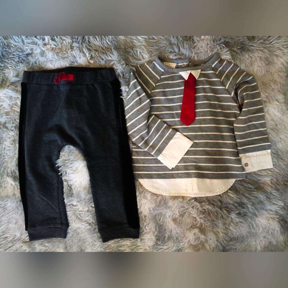 EUC. 24-month first impressions outfit. Gray, black, and white.